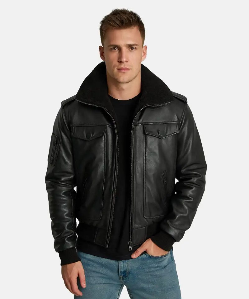 Mens Black Leather F1 Aviator Jacket - Image 3