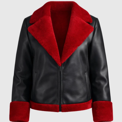 Womens Aviator Red Black Shearling Leather Jacket