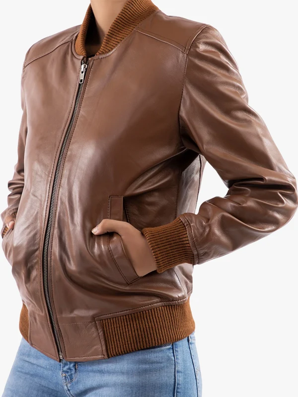 Women’s Classic Baseball Cognac Leather Bomber Brown Jacket - Image 3