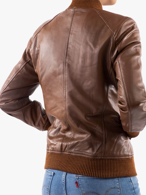 Women’s Classic Baseball Cognac Leather Bomber Brown Jacket - Image 5