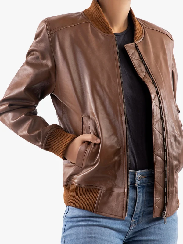 Women’s Classic Baseball Cognac Leather Bomber Brown Jacket - Image 2