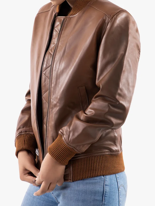 Women’s Classic Baseball Cognac Leather Bomber Brown Jacket - Image 4