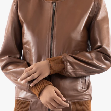 Women’s Classic Baseballs Cognac Leather Bomber Brown Jacket