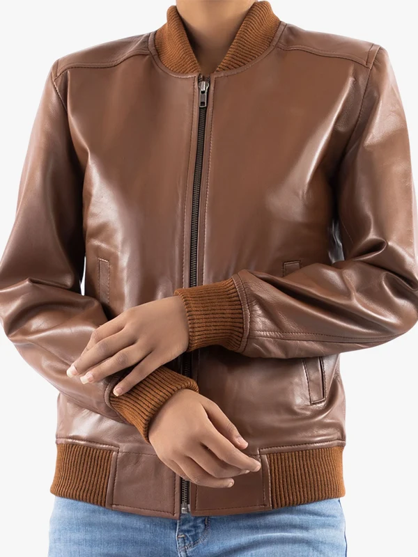 Women’s Classic Baseballs Cognac Leather Bomber Brown Jacket