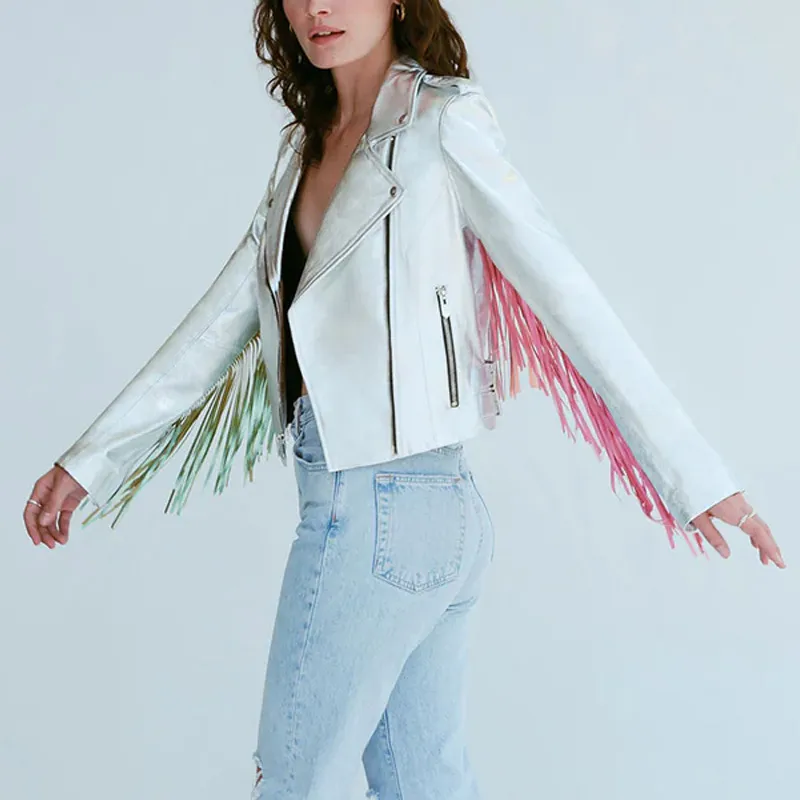 Women’s White Rainbow Fringe Leather Jacket - Image 24