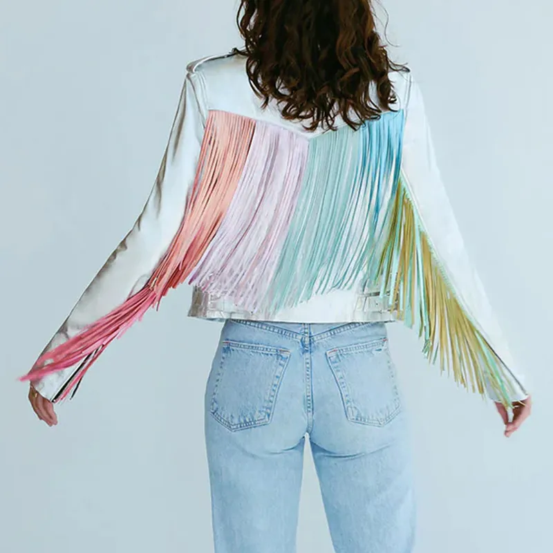 Women’s White Rainbow Fringe Leather Jacket - Image 25