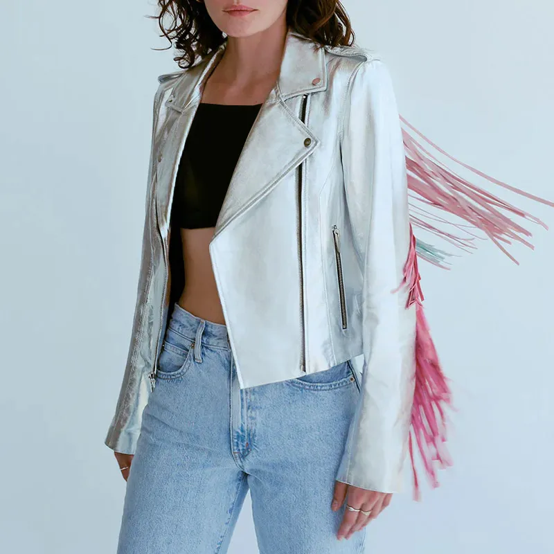 Women’s White Rainbow Fringe Leather Jacket - Image 22