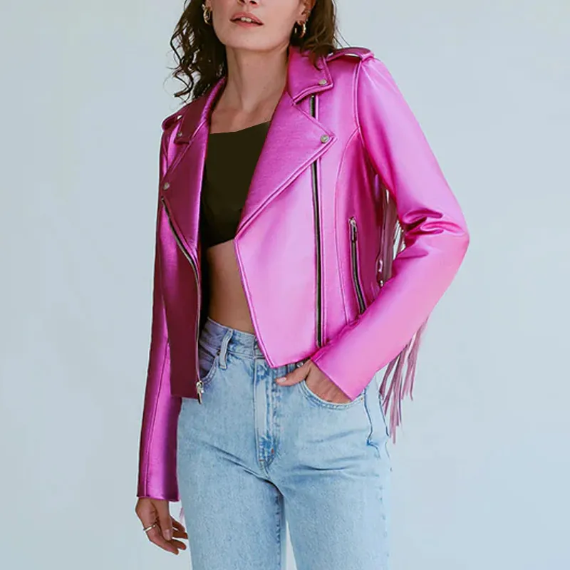 Women’s White Rainbow Fringe Leather Jacket - Image 3