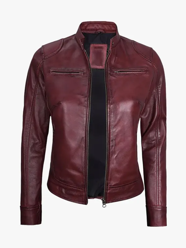 Womens Real Leather Burgundy Moto Jacket - Image 2
