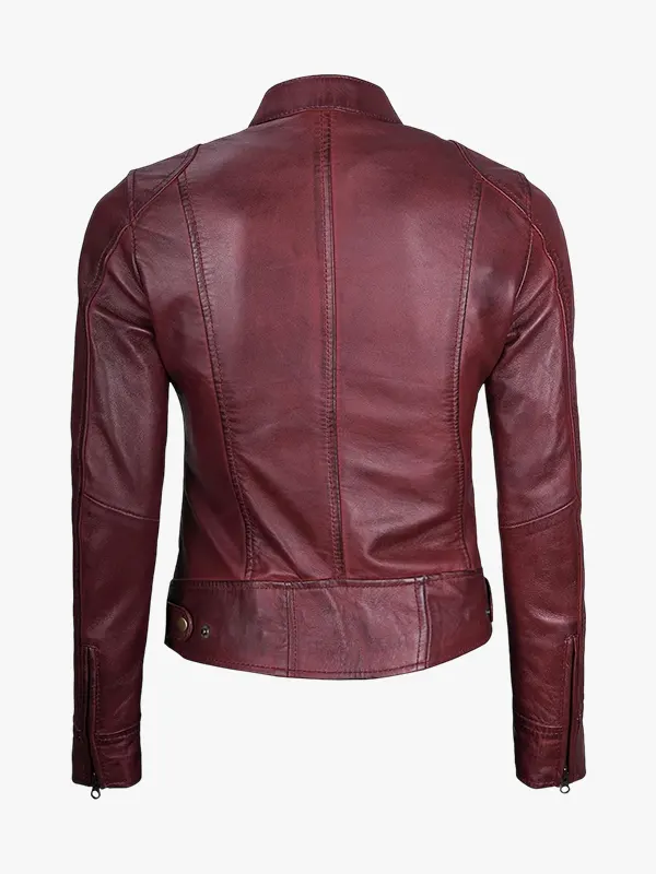 Womens Real Leather Burgundy Moto Jacket - Image 5