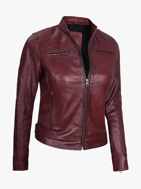 Womens Real Leather Burgundy Moto Jacket - Image 4