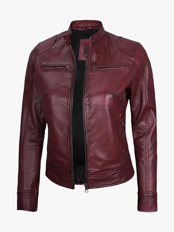 Womens Real Leather Burgundy Moto Jacket - Image 3