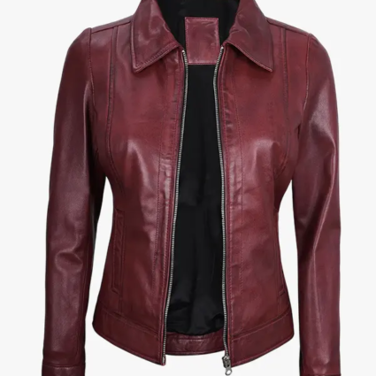 Women’s Shirt Collar Burgundy Leather Jacket