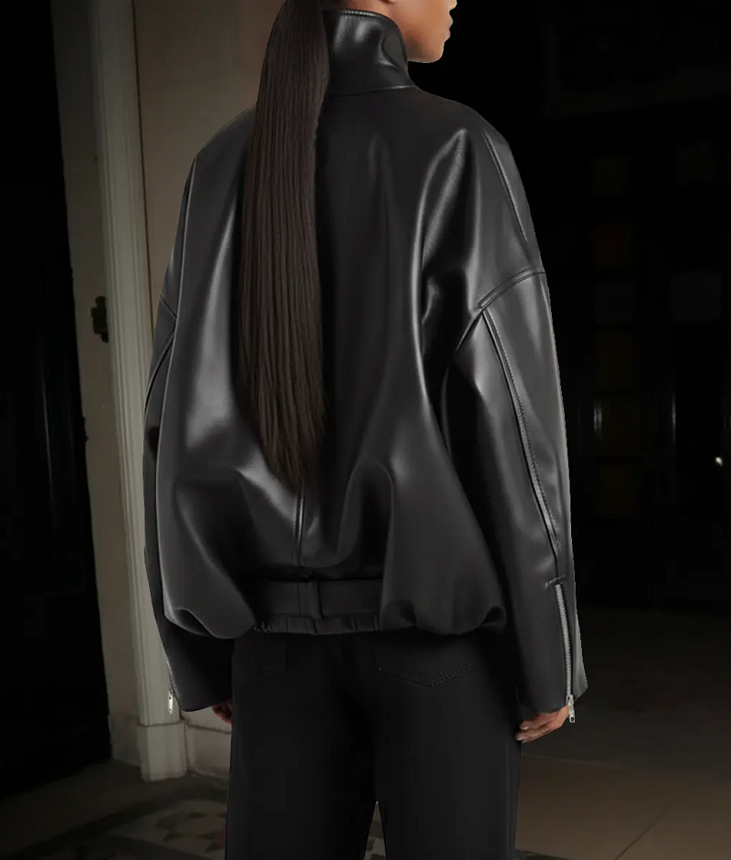 Lori Harvey Black Leather Bomber Jacket - Image 2