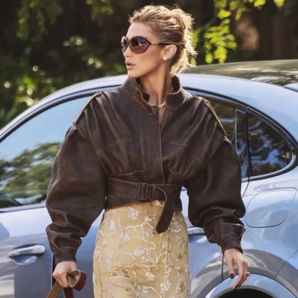 LA Bella Hadid Brown Cropped Leather Jacket