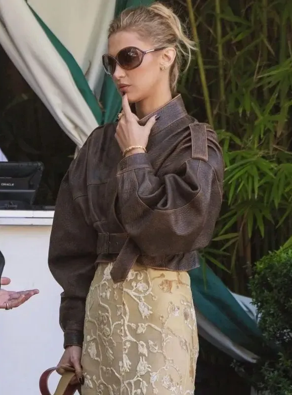 LA Bella Hadid Brown Cropped Leather Jacket - Image 4