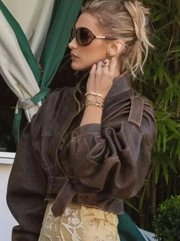 LA Bella Hadid Brown Cropped Leather Jacket - Image 3