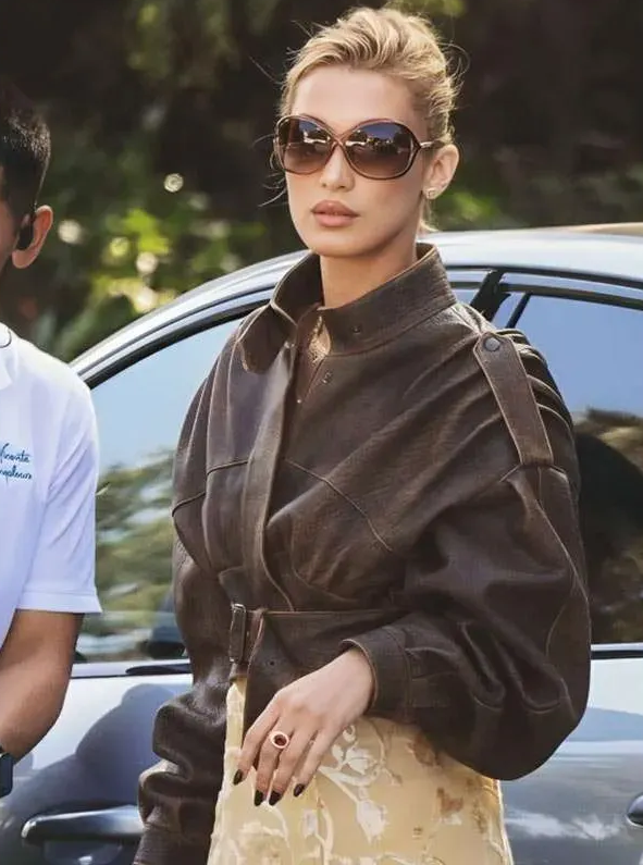 LA Bella Hadid Brown Cropped Leather Jacket - Image 2