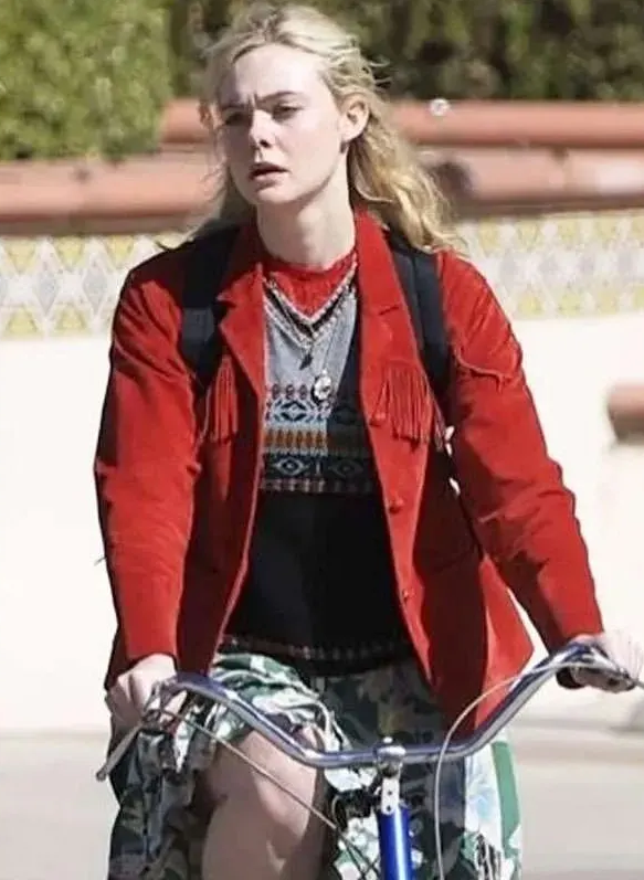Elle Fanning Margo’s Got Money Troubles Red Fringe Jacket - Image 3