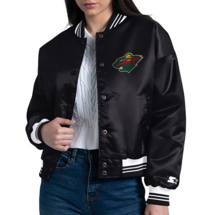 Minnesota Wild Arch Stripe Black Varsity Satin Jacket