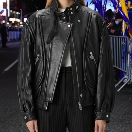 Rita Ora Black Leather Bomber Jacket