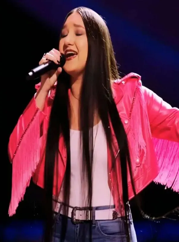 Hailey Wright The Voice S27 Pink Fringe Leather Jacket - Image 3