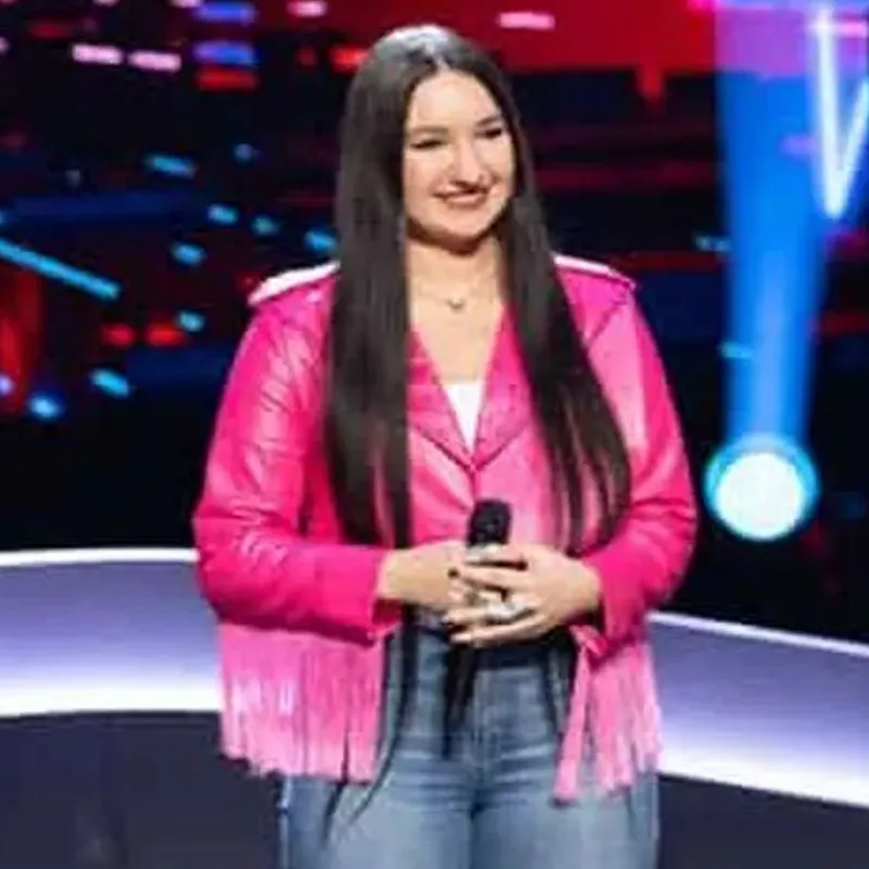 Hailey Wright The Voice S27 Pink Fringe Leather Jacket - Image 5