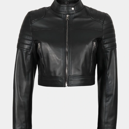 Womens Cafe Racer Cropped Black Leather Jacket