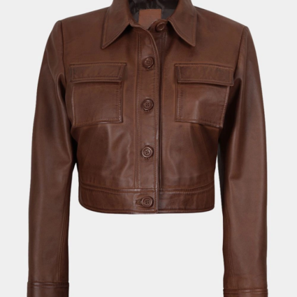 Womens Cropped Brown Shirt Collar Leather Jacket