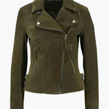 Womens Green Suede Leather Biker Jacket