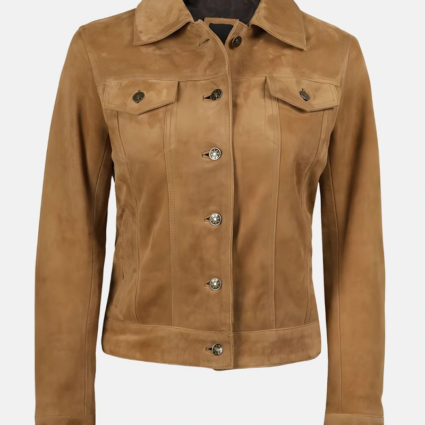 Womens Light Brown Suede Trucker Jacket