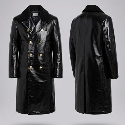 Met Gala 2026 Bill Skarsgård Inspired Onyx Glace Patent Leather Overcoat