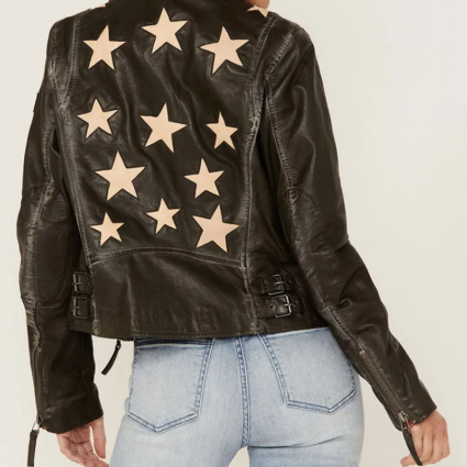 Womens Christy Scatter Star Moto Leather Jacket