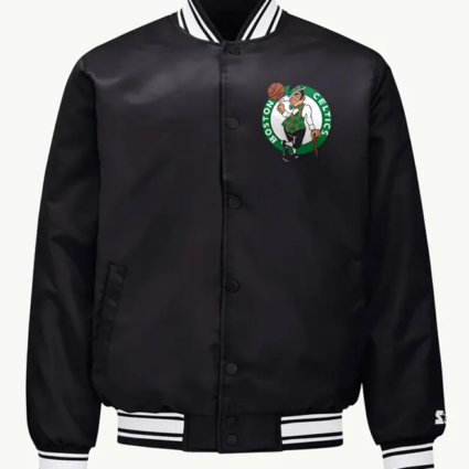 Boston Celtics Printed Graphic Black Varsity Satin Jacket