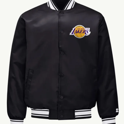LA Lakers Printed Graphic Black Varsity Satin Jacket