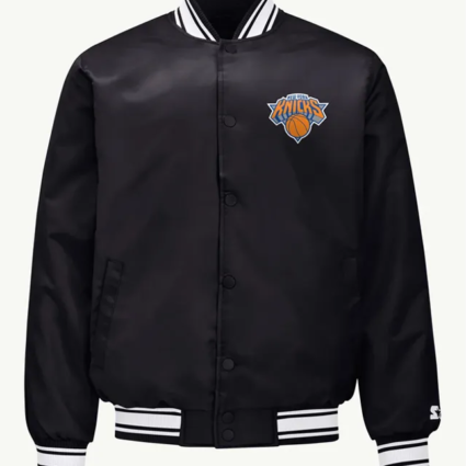 NY Knicks Mesh Look Black Varsity Satin Jacket