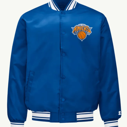 NY Knicks Printed Graphic Royal Varsity Satin Jacket
