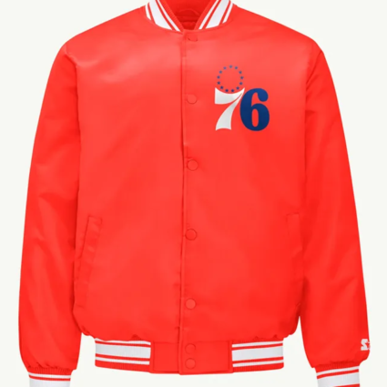Philadelphia 76ers Printed Graphic Red Varsity Satin Jacket