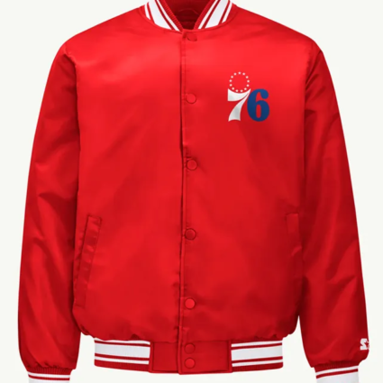 Philadelphias 76ers Mesh Look Red Varsity Satin Jacket
