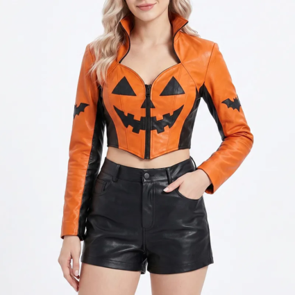Womens Halloween Pumpkin Cropped Leather Jacket
