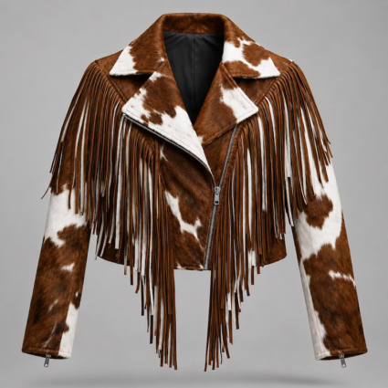 Cowhide Fringe Leather Jacket Hair On