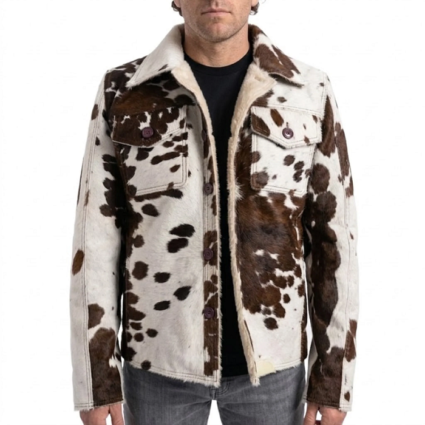 Cowhide Leather Jacket Western Hair on Hide Brown White Coat